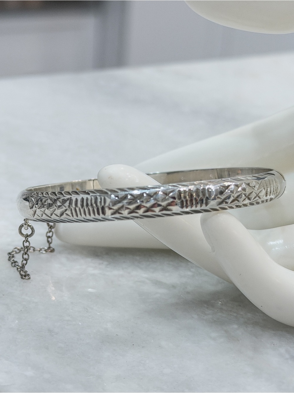 Sterling Silver Checkered and Striped Diamond Cut Bangle Bracelet